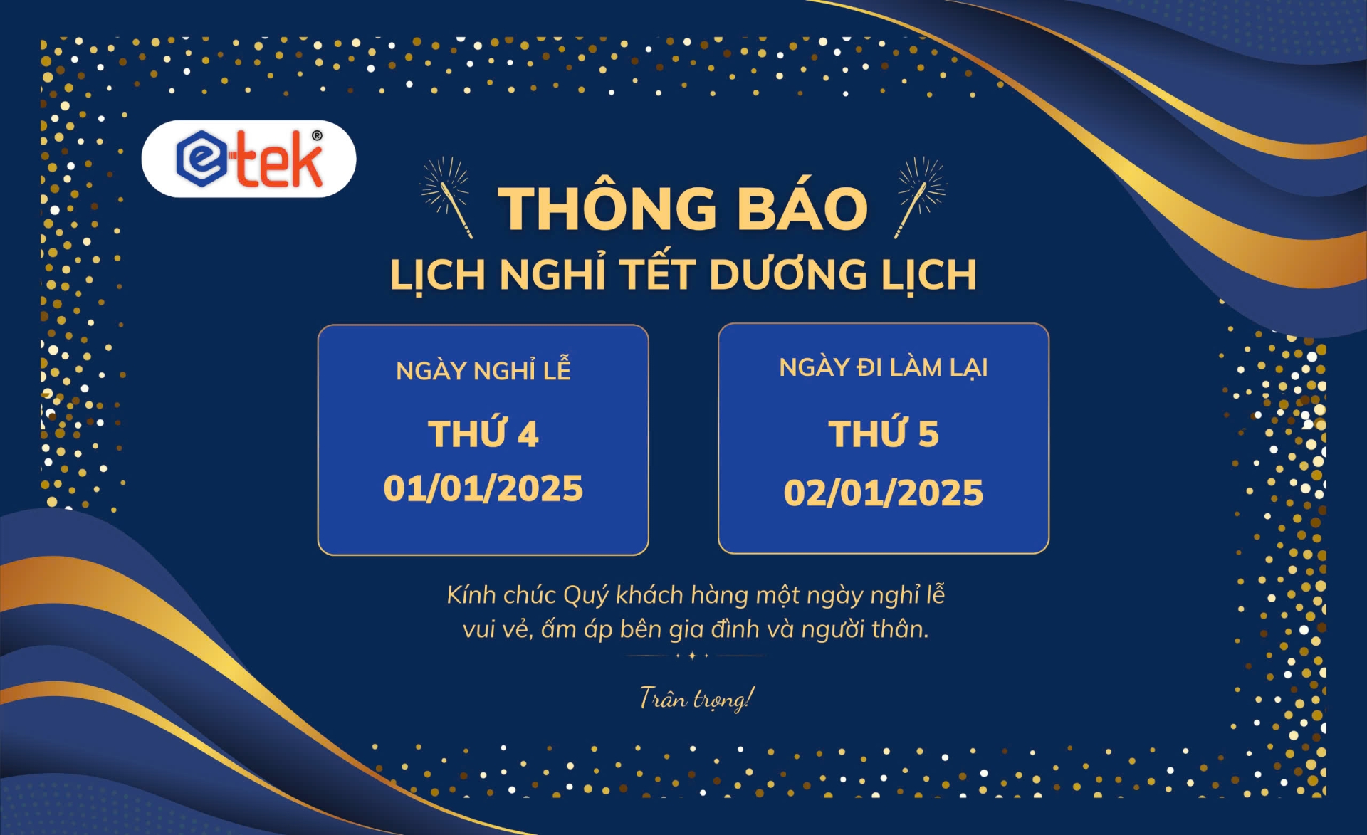 THÔNG BÁO NGHỈ TẾT DƯƠNG LỊCH 2025-ETEK