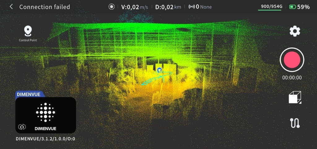 Giao diện DIMENVUE App hiển thị Point Cloud thời gian thực khi quét 3D nhà xưởng.